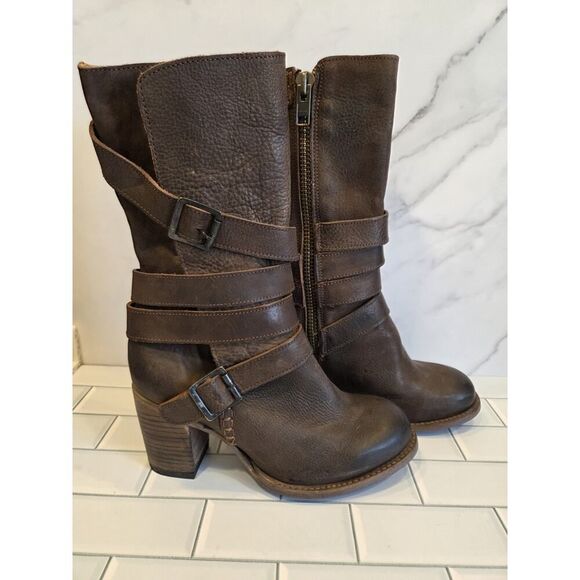 Freebird BARKER Mid-calf Brown Leather Boots, Buckle Details Side Zip, Boho | 9 - Picture 8 of 16